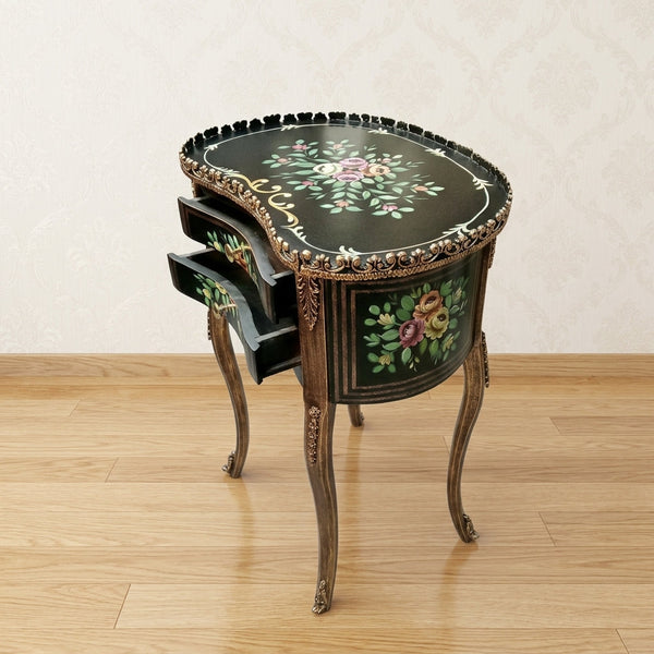 Antique Black & Gold Kidney Table – Floral Design