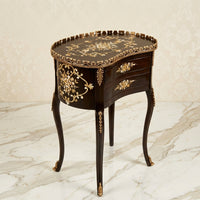Weathered Gray Kidney Table – Gold Scroll Design