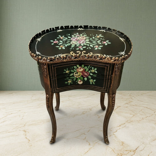 Antique Black & Gold Kidney Table – Floral Design