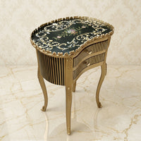 Gold Kidney Table – Black Striped Drawer Design