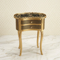 Gold Kidney Table – Black Striped Drawer Design