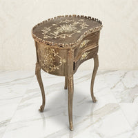 Weathered Gray Kidney Table – Gold Scroll Design