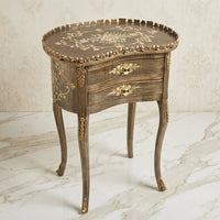Weathered Gray Kidney Table – Gold Scroll Design