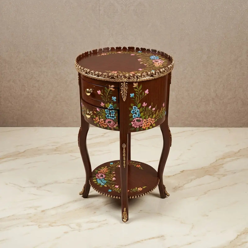 Mahogany Round Table – Multicolor Floral Design