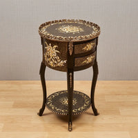 Dark Brown Round Table – Gold Marbled Floral Design