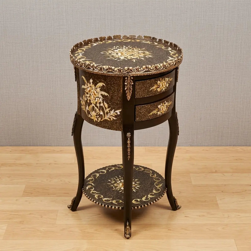 Dark Brown Round Table – Gold Marbled Floral Design