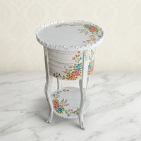 White Distressed Round Table – Multicolor Floral Design