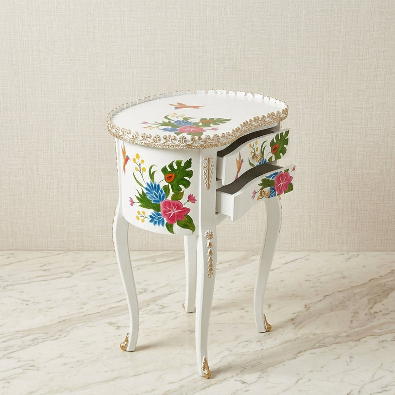 White Kidney Table – Tropical Floral & Hummingbird Design