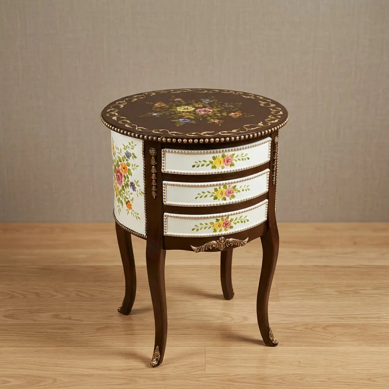 Dark Brown & White Round Table – Multicolor Floral Design
