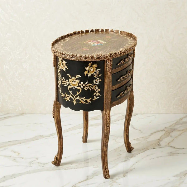 Antique Gold & Black Round Table – Floral Bouquet Design