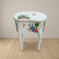 White Kidney Table – Tropical Floral & Hummingbird Design