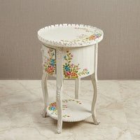 White Distressed Round Table – Multicolor Floral Design
