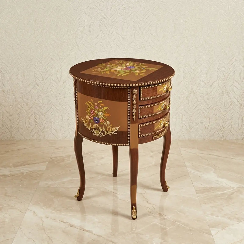 Two-Tone Wood Round Table – Diamond Floral Inlay Design