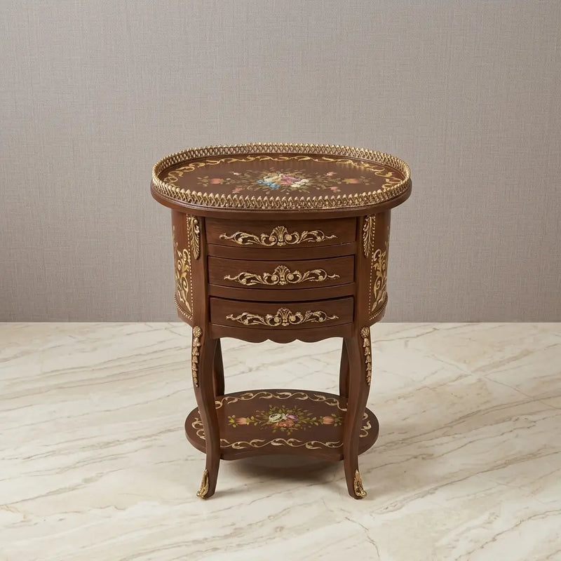 Walnut Round Table – Floral Bouquet & Gold Scroll Design