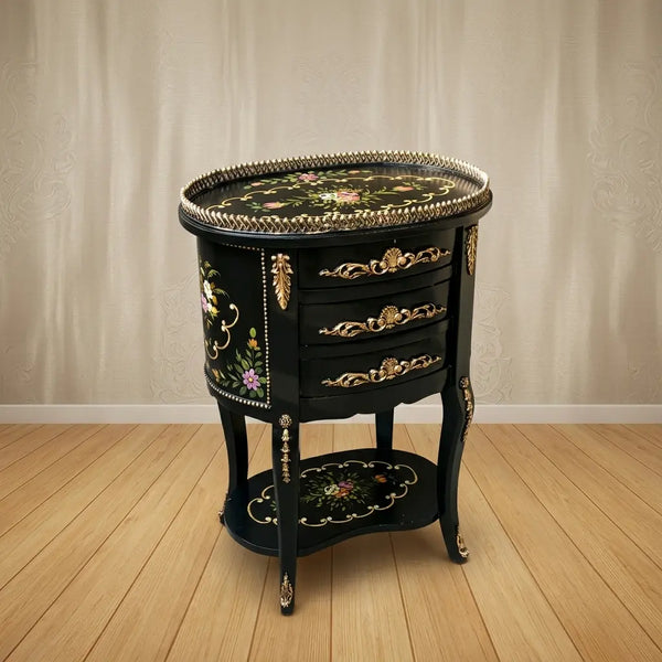 Black Round Table – Floral Bouquet & Gold Scroll Design