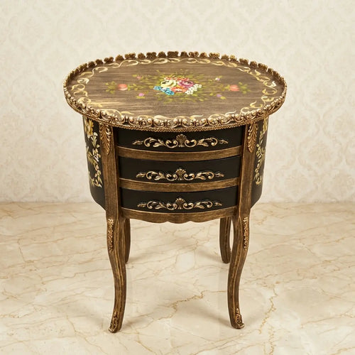 Antique Gold & Black Oval Table – Floral Bouquet Design