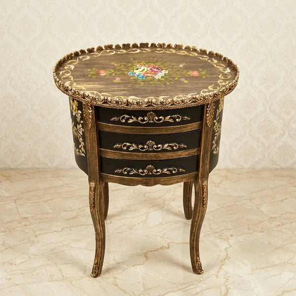 Antique Gold & Black Round Table – Floral Bouquet Design