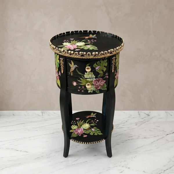 Black Round Table – Hummingbird & Tropical Floral Design