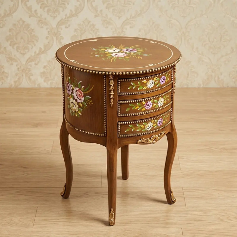 Warm Oak Round Table – Multicolor Floral Design