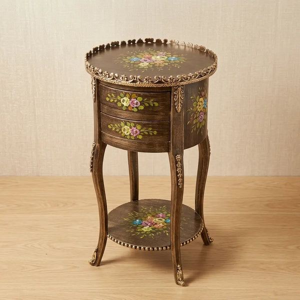 Weathered Brown Round Table – Multicolor Floral Design