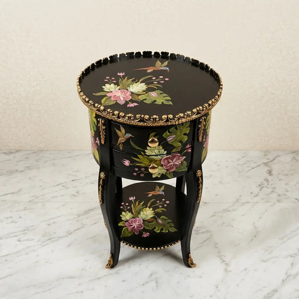 Black Round Table – Hummingbird & Tropical Floral Design