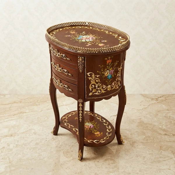 Walnut Oval Table – Floral Bouquet & Gold Scroll Design