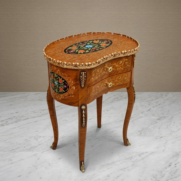Golden Wood Kidney-Shaped Side Table – Floral Medallion Design