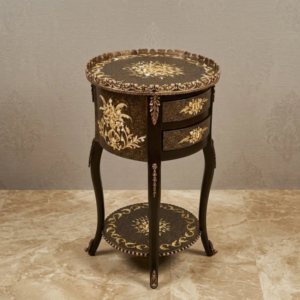 Antique Gold Round Table – Floral Bouquet Design
