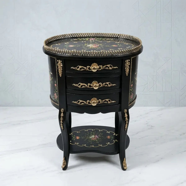 Black Round Table – Floral Bouquet & Gold Scroll Design