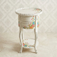White Distressed Round Table – Multicolor Floral Design