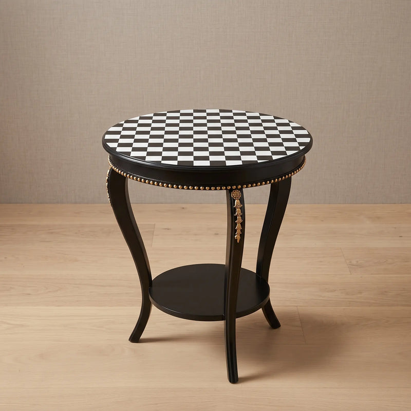 Black Checkerboard Round Table – Classic Drawer Design