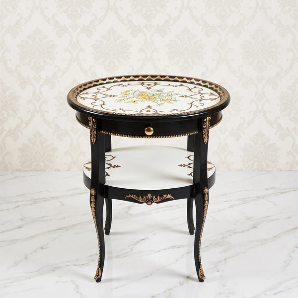 Black & White Round Table – Gold Scroll Floral Design