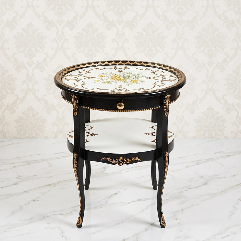 Black & White Round Table – Gold Scroll Floral Design